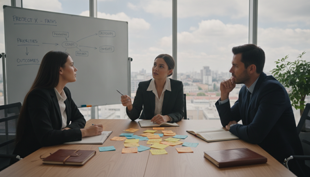A thoughtful scene illustrating the theme of decision-making in daily life. In the foreground, a diverse group of three individuals, dressed in professional business attire, stands around a large table overflowing with colorful sticky notes and open notebooks, exuding collaboration and engagement. In the middle ground, you can see a whiteboard with flow charts and key ideas written in neat handwriting, symbolizing clarity and organization in decision-making processes. The background features a modern office with large windows allowing soft, natural light to brighten the room, creating a warm and inspiring atmosphere. The perspective is slightly aerial, showcasing the group's interaction and the vibrant mess of ideas, evoking a mood of determination and focus as they navigate critical life questions together.