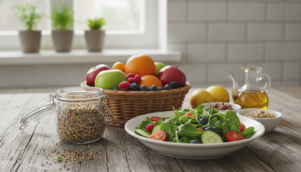 A vibrant and colorful arrangement of healthy foods on a rustic wooden table, showcasing a variety of fresh fruits and vegetables. In the foreground, there is a bright green salad with cherry tomatoes and cucumber slices artfully arranged in a bowl. To the left, a selection of whole grains such as quinoa and brown rice is displayed in an open jar. In the middle ground, a basket overflowing with colorful fruits like berries, apples, and citrus sits invitingly. The background features a soft-focus kitchen scene with natural light streaming in through a window, creating a warm and inviting atmosphere. The mood is fresh and energizing, symbolizing healthy eating habits and lifestyle changes. The angle captures the arrangement from a slightly elevated perspective for an appealing layout.