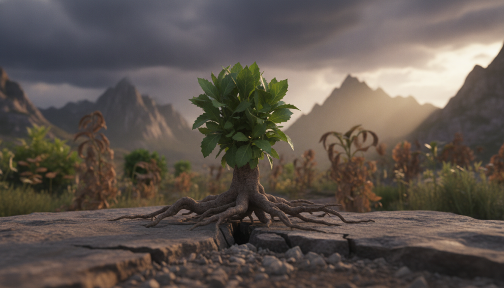A vibrant depiction of the resilience of nature, focusing on a sturdy plant thriving in a rugged environment. In the foreground, show a resilient green plant with deep roots breaking through rocky soil, symbolizing strength and perseverance. The middle ground should feature a diverse array of other plants, some flourishing while others appear drooping, to illustrate the varied responses to adversity. In the background, include a dramatic landscape of mountains under a stormy sky, with soft light breaking through the clouds, creating a hopeful atmosphere. Use a shallow depth of field to draw attention to the plant in the foreground while keeping the background slightly blurred. The overall mood should embody determination and the power of nature’s resilience, evoking feelings of hope and balance.