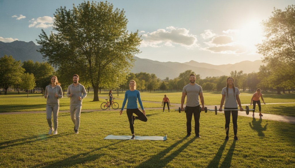 A vibrant image capturing the essence of regular physical exercise. In the foreground, a diverse group of individuals in modest, casual athletic wear are engaged in various exercises, such as jogging, yoga, and weightlifting. The middle ground should feature a sunlit park with green trees and a clear blue sky, creating an inviting atmosphere. In the background, distant mountains can be seen under a soft, golden sunlight. The scene is lively, reflecting energy and positivity. Use a wide-angle lens to showcase the activity and environment, with natural lighting highlighting the participants' expressions of determination and joy. The overall mood should be motivating and uplifting, emphasizing the benefits of regular physical activity.
