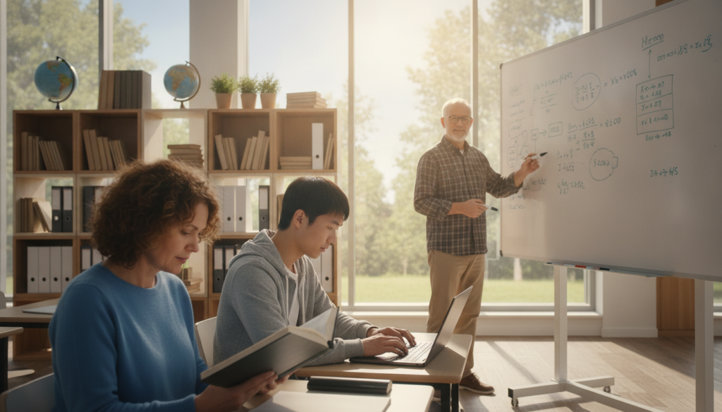 A vibrant scene depicting a diverse group of individuals, including a middle-aged woman, a young man, and an older man, engaged in learning activities in a modern classroom setting. In the foreground, the woman is attentively reading a book, while the young man is working on a laptop with a look of focus. The older man is writing on a whiteboard filled with diagrams and notes. In the middle ground, shelves filled with books and educational materials create an inspiring atmosphere. The background features large windows letting in warm, natural light, highlighting the positivity of the room. The overall mood is one of empowerment and growth, celebrating the investment in education and new skills, shot with a wide-angle lens for depth and clarity. A vibrant scene depicting a diverse group of individuals, including a middle-aged woman, a young man, and an older man, engaged in learning activities in a modern classroom setting. In the foreground, the woman is attentively reading a book, while the young man is working on a laptop with a look of focus. The older man is writing on a whiteboard filled with diagrams and notes. In the middle ground, shelves filled with books and educational materials create an inspiring atmosphere. The background features large windows letting in warm, natural light, highlighting the positivity of the room. The overall mood is one of empowerment and growth, celebrating the investment in education and new skills, shot with a wide-angle lens for depth and clarity.