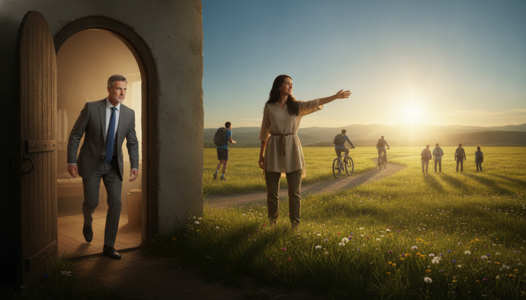A vibrant scene depicting a diverse group of individuals stepping out of a cozy, dimly lit room into a bright, expansive landscape. In the foreground, a middle-aged man in professional attire looks determined as he takes his first step outside, embodying the concept of leaving one's comfort zone. Behind him, a woman in modest casual clothing stands on a small hill, gesturing encouragingly towards the horizon, symbolizing support and motivation. The middle ground features a winding path leading through a lush, green meadow, with a few adventurous figures jogging and biking, illustrating action and transformation. In the background, a clear blue sky with a warm golden sun rising casts a hopeful glow over the scene, enhancing the atmosphere of new beginnings and courage. The angle is slightly low, emphasizing the individuals as they venture into the unknown with optimism. A vibrant scene depicting a diverse group of individuals stepping out of a cozy, dimly lit room into a bright, expansive landscape. In the foreground, a middle-aged man in professional attire looks determined as he takes his first step outside, embodying the concept of leaving one's comfort zone. Behind him, a woman in modest casual clothing stands on a small hill, gesturing encouragingly towards the horizon, symbolizing support and motivation. The middle ground features a winding path leading through a lush, green meadow, with a few adventurous figures jogging and biking, illustrating action and transformation. In the background, a clear blue sky with a warm golden sun rising casts a hopeful glow over the scene, enhancing the atmosphere of new beginnings and courage. The angle is slightly low, emphasizing the individuals as they venture into the unknown with optimism.