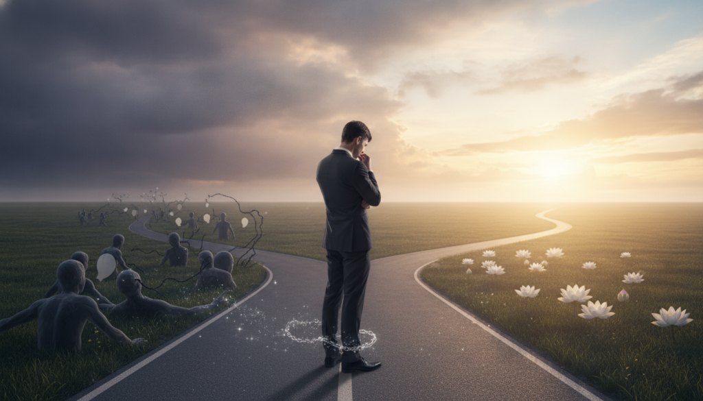 A visually striking portrayal of "medos limitantes," representing the fears that hold individuals back. In the foreground, a person in professional business attire stands at a crossroads, looking contemplative. They face two diverging paths: one path is shrouded in dark, shadowy figures symbolizing anxiety and self-doubt, while the other path is illuminated by warm sunlight, representing hope and self-discovery. In the middle ground, subtle visuals of abstract chains or shackles can be seen, illustrating the concept of limitation. The background features a gradient sky transitioning from dark to light, evoking a sense of struggle transforming into enlightenment. The atmosphere is tense yet hopeful, with soft, diffused lighting enhancing the emotional depth. The angle is slightly elevated, providing a sweeping view of the scene, inviting the viewer to reflect on their own fears.