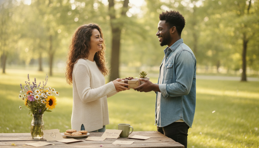 A warm and heartfelt scene depicting gratitude, recognition, and friendship. In the foreground, two diverse friends, a Hispanic woman and a Black man, exchange thoughtful gifts while smiling appreciatively at each other, dressed in modest, casual attire. In the middle, a beautifully arranged table with a small vase of flowers and handwritten thank-you notes symbolizes appreciation. The background features a sunlit park with lush green trees and soft, dappled light filtering through the branches, creating a serene and inviting atmosphere. A gentle breeze rustles the leaves, enhancing the feeling of warmth and connection. The mood is uplifting and joyful, emphasizing the importance of expressing gratitude in friendships. Capture this scene using a soft focus lens to evoke a dreamy yet vibrant ambiance; aim for a slightly elevated angle to encompass the depth of the friendship.