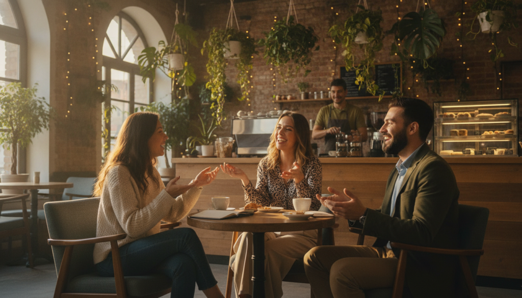 A warm and inviting scene depicting the essence of human connection. In the foreground, a diverse group of three friends—two women and one man—are sitting in a cozy café, engaged in animated conversation. They are dressed in smart casual attire, radiating joy and warmth. In the middle ground, the café interior is adorned with plants and soft lighting, creating a welcoming atmosphere. A barista can be seen preparing drinks, adding to the lively ambiance. In the background, large windows let in golden sunlight, illuminating the scene and casting a gentle glow. The mood is uplifting and celebratory, encapsulating the spirit of friendship and connection. The composition should emphasize the joy and interaction between the friends, inviting the viewer to feel the warmth of their bond.