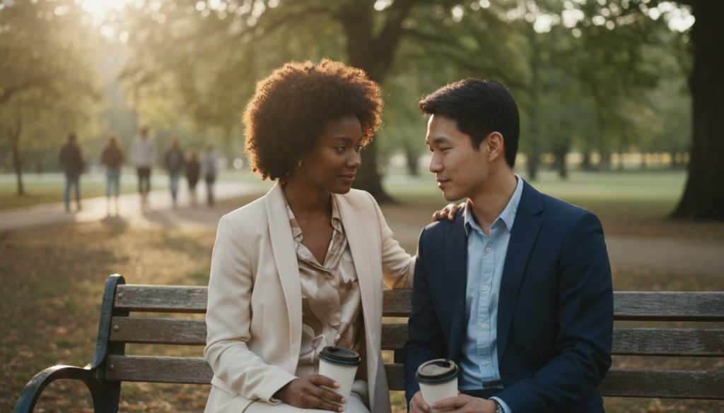 A warm scene depicting the essence of mutual support in difficult times. In the foreground, two friends, a diverse pair, are seated on a park bench, sharing comforting gestures; one is resting a hand on the other's shoulder, both dressed in casual yet professional attire. The middle ground features lush greenery and soft, dappled sunlight filtering through the trees, creating an inviting atmosphere. In the background, a blurred image of people walking, symbolizing a supportive community, enhances the sense of connection. The overall mood should be uplifting and hopeful, with gentle, natural lighting emphasizing the bond between the friends, captured from a slightly elevated angle for a more intimate perspective.