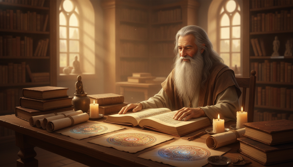 An ancient library setting filled with warm, golden light filtering through tall, arched windows, illuminating a wooden table stacked with sacred texts and scrolls. In the foreground, a wise elder with long gray hair and a gentle expression, dressed in modest, flowing robes, is deeply engrossed in a large, open book, their hand resting thoughtfully on the page. Surrounding the elder are symbols of various spiritual traditions, like softly glowing candles and intricate mandalas. The background features shelves lined with timeless wisdom literature, creating a serene and contemplative atmosphere. The overall mood is tranquil, inviting a sense of connection to ancestral knowledge and spirituality, with soft focus giving a dreamlike quality. An ancient library setting filled with warm, golden light filtering through tall, arched windows, illuminating a wooden table stacked with sacred texts and scrolls. In the foreground, a wise elder with long gray hair and a gentle expression, dressed in modest, flowing robes, is deeply engrossed in a large, open book, their hand resting thoughtfully on the page. Surrounding the elder are symbols of various spiritual traditions, like softly glowing candles and intricate mandalas. The background features shelves lined with timeless wisdom literature, creating a serene and contemplative atmosphere. The overall mood is tranquil, inviting a sense of connection to ancestral knowledge and spirituality, with soft focus giving a dreamlike quality.