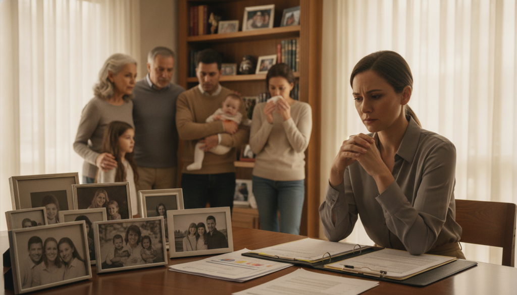 In a serene family setting, a warm living room bathed in soft natural light filters through sheer curtains. In the foreground, a close-up of a thoughtful person dressed in modest business attire, looking contemplative, with their hands resting on a table cluttered with family photographs and decision-making documents. In the middle ground, several family members, including children and elderly parents, interact in supportive poses, reflecting concern and care, illustrating the emotional impact of decisions. The background features a cozy bookshelf filled with family mementos, creating a heartfelt atmosphere. The lighting is warm and inviting, with a focus on conveying familial love and the weight of choices, embodying the essence of relationships and their influence on personal decisions.