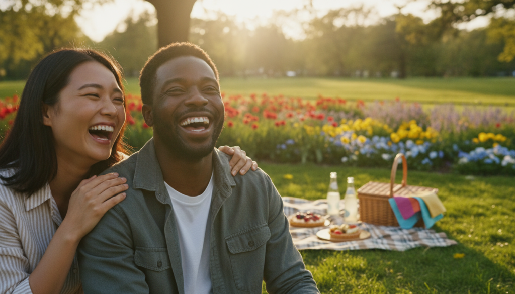Two diverse friends laughing joyfully together, standing in a sunlit park filled with vibrant greenery and colorful flowers. In the foreground, they are playfully leaning toward each other, sharing a light moment, with genuine smiles that convey warmth and camaraderie. The middle layer features a picnic blanket with snacks and drinks, hinting at shared memories. In the background, tall trees and soft rays of sunlight create a tranquil, inviting atmosphere. The image captures a warm, cheerful mood, emphasizing the bonds of friendship. Use soft, golden hour lighting to enhance the emotional resonance, and focus on a close-up shot with a shallow depth of field to draw attention to their expressions and connection.