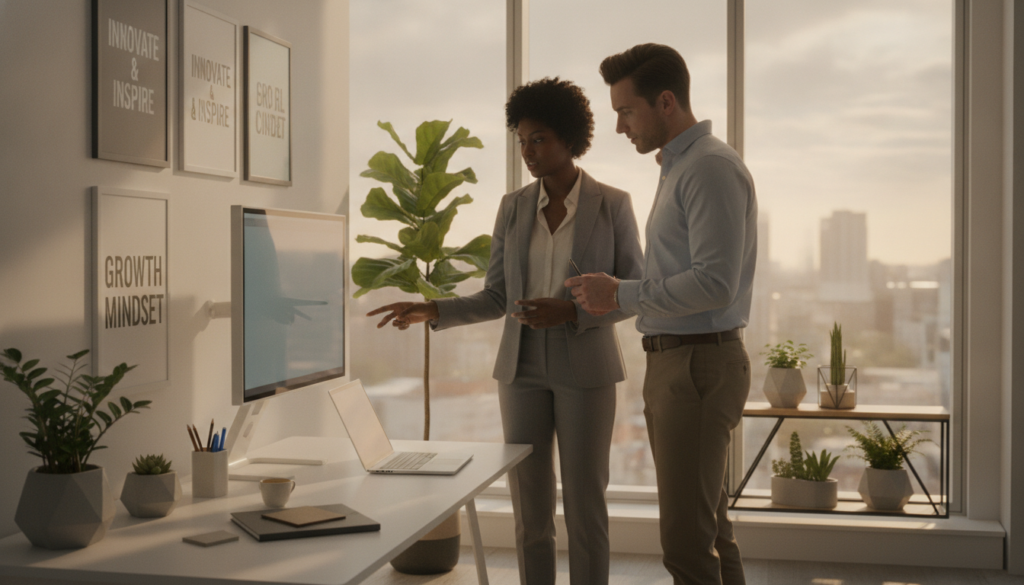A bright and inspiring workspace designed for productivity, featuring a modern desk with a high-end laptop, neatly organized stationery, and motivational posters on the walls. In the foreground, a diverse group of two professional individuals, one male and one female, are engaged in a discussion, both dressed in smart business attire. The middle ground includes indoor plants placed strategically to enhance focus and creativity. The background showcases large windows that let in natural light, creating a warm and inviting atmosphere. The lighting is soft yet uplifting, capturing a sense of tranquility and motivation. Use a slightly low angle to emphasize the workspace and the engaged individuals, showcasing a harmonious environment that fosters success and discipline. A bright and inspiring workspace designed for productivity, featuring a modern desk with a high-end laptop, neatly organized stationery, and motivational posters on the walls. In the foreground, a diverse group of two professional individuals, one male and one female, are engaged in a discussion, both dressed in smart business attire. The middle ground includes indoor plants placed strategically to enhance focus and creativity. The background showcases large windows that let in natural light, creating a warm and inviting atmosphere. The lighting is soft yet uplifting, capturing a sense of tranquility and motivation. Use a slightly low angle to emphasize the workspace and the engaged individuals, showcasing a harmonious environment that fosters success and discipline.