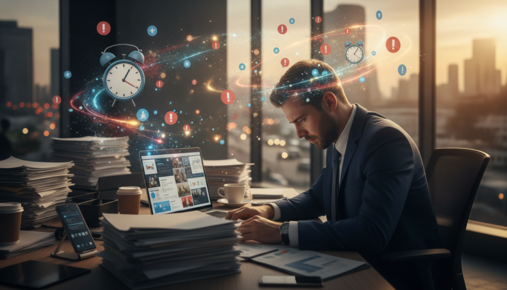 A busy office setting depicting the theme of "Time Management and Interruptions." In the foreground, a professional man in a smart business suit is seated at a cluttered desk, looking stressed and overwhelmed, surrounded by a swirl of colorful notification icons and clocks, symbolizing distractions. In the middle, an open laptop displays a chaotic array of notifications, while stacks of paperwork and a coffee cup add to the busyness. In the background, a bright window reveals a bustling cityscape, illustrating the outside world’s distractions. The lighting is warm and natural, streaming in through the window, enhancing the sense of urgency. The mood is one of pressure and distraction, conveying the struggle to maintain focus amidst interruptions. A busy office setting depicting the theme of "Time Management and Interruptions." In the foreground, a professional man in a smart business suit is seated at a cluttered desk, looking stressed and overwhelmed, surrounded by a swirl of colorful notification icons and clocks, symbolizing distractions. In the middle, an open laptop displays a chaotic array of notifications, while stacks of paperwork and a coffee cup add to the busyness. In the background, a bright window reveals a bustling cityscape, illustrating the outside world’s distractions. The lighting is warm and natural, streaming in through the window, enhancing the sense of urgency. The mood is one of pressure and distraction, conveying the struggle to maintain focus amidst interruptions.