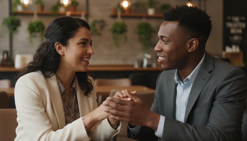 A close-up of two diverse professionals, a Hispanic woman and a Black man, sitting at a cozy coffee shop, engaging in a warm and trusting conversation. They are both smiling, dressed in professional business attire, exuding a sense of openness and connectivity. The foreground features their hands gesturing confidently, illustrating active engagement, while the middle ground captures their expressive faces full of empathy and understanding. The background showcases a softly blurred scene of the coffee shop, with warm ambient lighting and plants that create a welcoming atmosphere, symbolizing the foundation of strong relationships through trust. The overall mood is one of warmth, collaboration, and mutual respect. A close-up of two diverse professionals, a Hispanic woman and a Black man, sitting at a cozy coffee shop, engaging in a warm and trusting conversation. They are both smiling, dressed in professional business attire, exuding a sense of openness and connectivity. The foreground features their hands gesturing confidently, illustrating active engagement, while the middle ground captures their expressive faces full of empathy and understanding. The background showcases a softly blurred scene of the coffee shop, with warm ambient lighting and plants that create a welcoming atmosphere, symbolizing the foundation of strong relationships through trust. The overall mood is one of warmth, collaboration, and mutual respect.