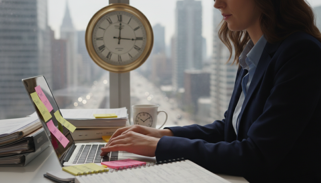 A cluttered desk scene illustrating the concept of time management and multitasking. In the foreground, a professional woman, dressed in smart business attire, is intently working on a laptop surrounded by sticky notes, a large planner, and a coffee cup. In the middle, a clock prominently displays the time, symbolizing the rush and pressure of multitasking. The background features a window showing a busy cityscape, hinting at distractions. Soft, natural lighting streams in, creating an atmosphere of focus mixed with a hint of chaos. Use a shallow depth of field to keep the focus on the woman while slightly blurring the background, emphasizing the tension of juggling multiple tasks. A cluttered desk scene illustrating the concept of time management and multitasking. In the foreground, a professional woman, dressed in smart business attire, is intently working on a laptop surrounded by sticky notes, a large planner, and a coffee cup. In the middle, a clock prominently displays the time, symbolizing the rush and pressure of multitasking. The background features a window showing a busy cityscape, hinting at distractions. Soft, natural lighting streams in, creating an atmosphere of focus mixed with a hint of chaos. Use a shallow depth of field to keep the focus on the woman while slightly blurring the background, emphasizing the tension of juggling multiple tasks.
