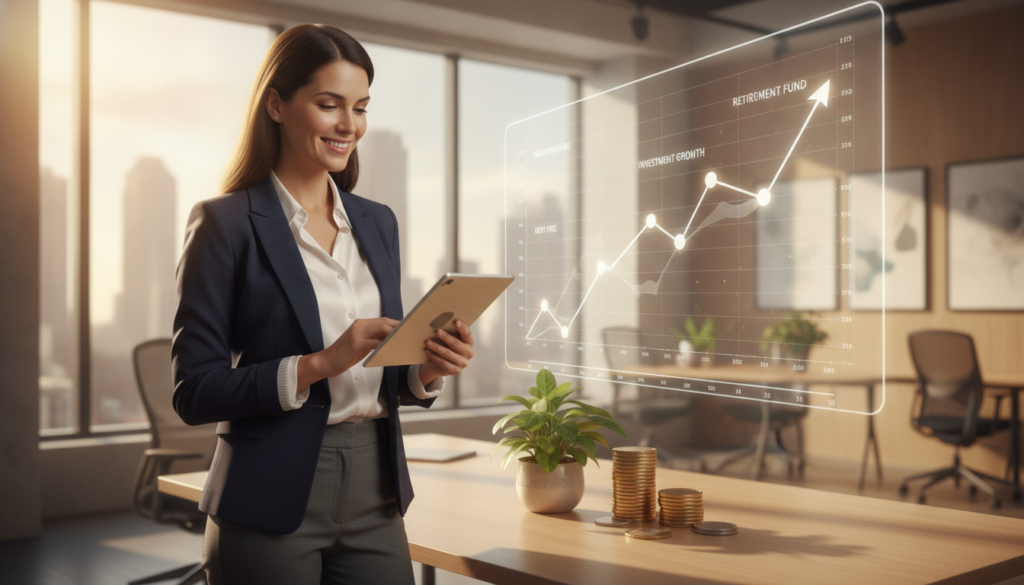 A confident professional woman in smart business attire stands at the forefront, smiling as she reviews a financial plan on a digital tablet. She exudes pride and self-assurance, embodying positive financial goals. In the middle ground, a large, visually appealing chart displays upward trends and milestones, symbolizing successful financial objectives, surrounded by motivational symbols like a small plant representing growth and a stack of coins reflecting wealth. The background features a bright, modern office environment, with large windows allowing warm sunlight to pour in, creating an uplifting and inspiring atmosphere. The overall mood is one of empowerment and positivity, emphasizing the connection between financial goals and self-esteem. The image is clear, vibrant, and inviting, with emphasis on professionalism and motivation.