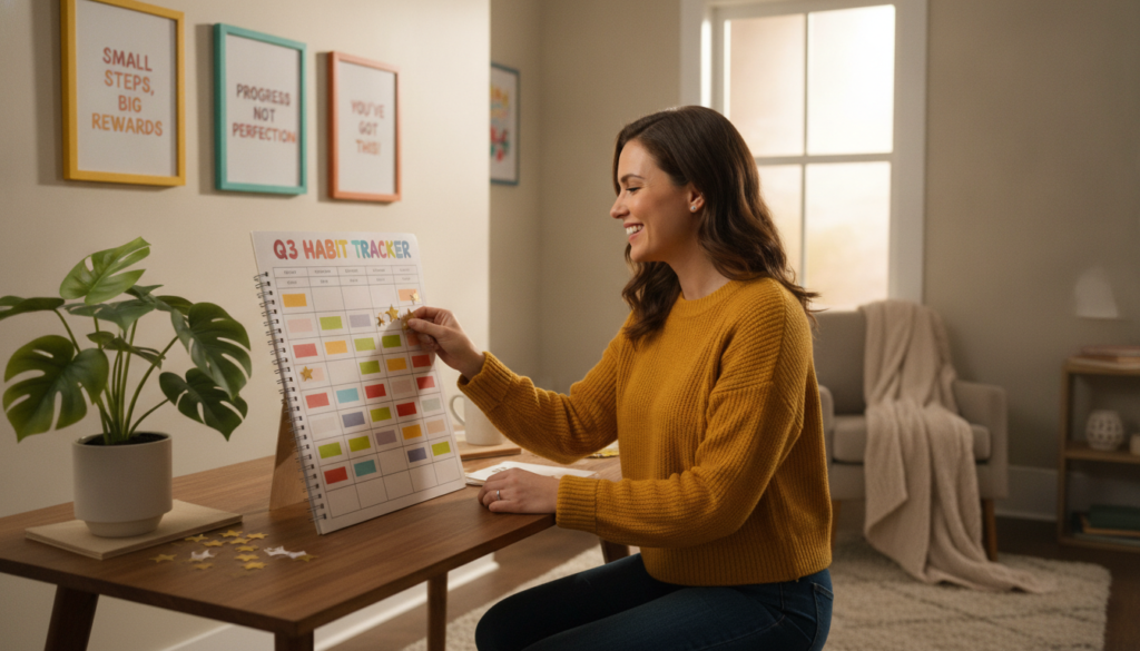 A cozy home office scene illustrating the concept of positive reinforcement. In the foreground, a smiling professional woman in smart casual attire is happily placing a gold star sticker on a colorful task chart on her desk, symbolizing reward and progress. To the left, a potted plant adds a touch of nature, while motivational quotes are framed on the wall in vibrant colors. In the background, soft, warm lighting filters through a window, casting gentle shadows and creating a welcoming atmosphere. The scene emphasizes focus and encouragement, showcasing an environment conducive to building new habits and overcoming procrastination. The overall mood is uplifting and inspiring, embodying the principles of positive reinforcement.
