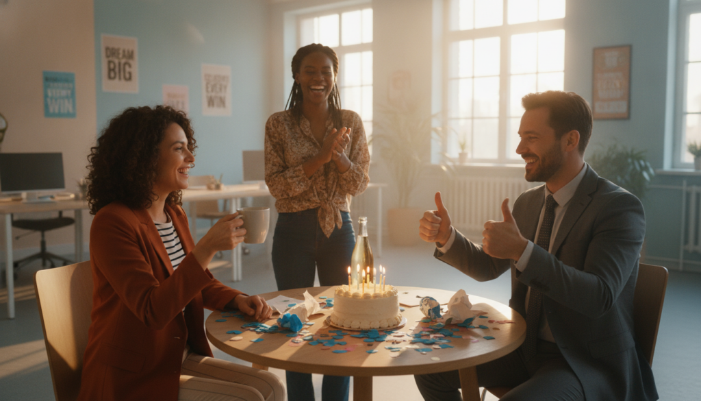 A cozy workspace scene featuring a diverse group of three professionals celebrating small achievements. In the foreground, a woman in smart casual attire raises a coffee mug in cheer, while a man in a suit smiles and gives a thumbs-up. The middle ground shows a small table adorned with colorful confetti and a cake with candles, symbolizing a celebration. The background showcases a bright office with motivational posters on the walls and a large window letting in warm, golden sunlight. The lighting creates a cheerful and inspiring atmosphere, enhancing the sense of camaraderie and positivity. The angle is slightly above eye level, capturing the joyful expressions of the individuals and the festive setup surrounding them. A cozy workspace scene featuring a diverse group of three professionals celebrating small achievements. In the foreground, a woman in smart casual attire raises a coffee mug in cheer, while a man in a suit smiles and gives a thumbs-up. The middle ground shows a small table adorned with colorful confetti and a cake with candles, symbolizing a celebration. The background showcases a bright office with motivational posters on the walls and a large window letting in warm, golden sunlight. The lighting creates a cheerful and inspiring atmosphere, enhancing the sense of camaraderie and positivity. The angle is slightly above eye level, capturing the joyful expressions of the individuals and the festive setup surrounding them.