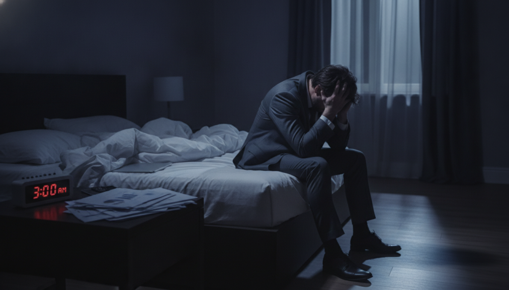A dimly lit bedroom at night, showcasing a person in professional business attire sitting on the edge of the bed, looking exhausted and distressed. The foreground features a disheveled bed with crumpled sheets, a clock showing 3:00 AM, and scattered papers on a bedside table, symbolizing concern and worry. In the middle ground, the person has their head in their hands, conveying a deep sense of insomnia and burnout. The background consists of dark, shadowy walls, with a window allowing faint moonlight to filter in, enhancing the somber mood. The atmosphere is heavy and tense, evoking feelings of fatigue and the struggle to find rest. The overall color palette is muted with cool, dark tones, creating an oppressive sense of weariness.