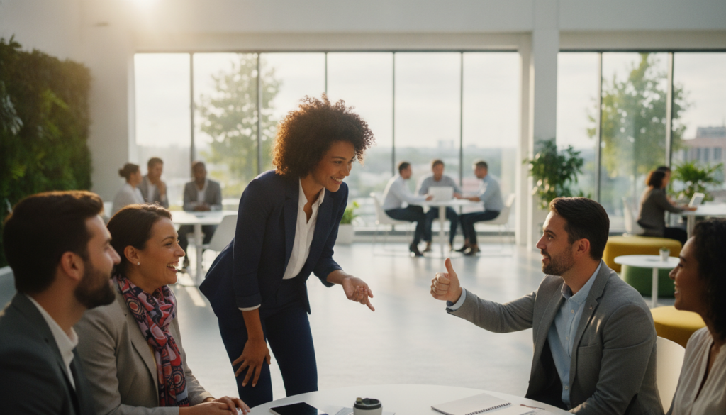 A dynamic scene illustrating "social adaptability," featuring a diverse group of professionals in a well-lit, modern workspace. In the foreground, a confident woman in business attire engages with a group, showcasing her ability to connect with colleagues of various backgrounds. In the middle ground, a man offers a sign of encouragement, emphasizing support and teamwork. The background depicts an open office with glass walls, greenery, and collaborative workspaces, conveying a vibrant atmosphere that fosters interaction. Soft, natural light filters in through large windows, creating a warm, inviting mood. The angle captures a moment of active discussion, highlighting fluidity and versatility in social environments, reflecting the essence of adaptability. A dynamic scene illustrating "social adaptability," featuring a diverse group of professionals in a well-lit, modern workspace. In the foreground, a confident woman in business attire engages with a group, showcasing her ability to connect with colleagues of various backgrounds. In the middle ground, a man offers a sign of encouragement, emphasizing support and teamwork. The background depicts an open office with glass walls, greenery, and collaborative workspaces, conveying a vibrant atmosphere that fosters interaction. Soft, natural light filters in through large windows, creating a warm, inviting mood. The angle captures a moment of active discussion, highlighting fluidity and versatility in social environments, reflecting the essence of adaptability.