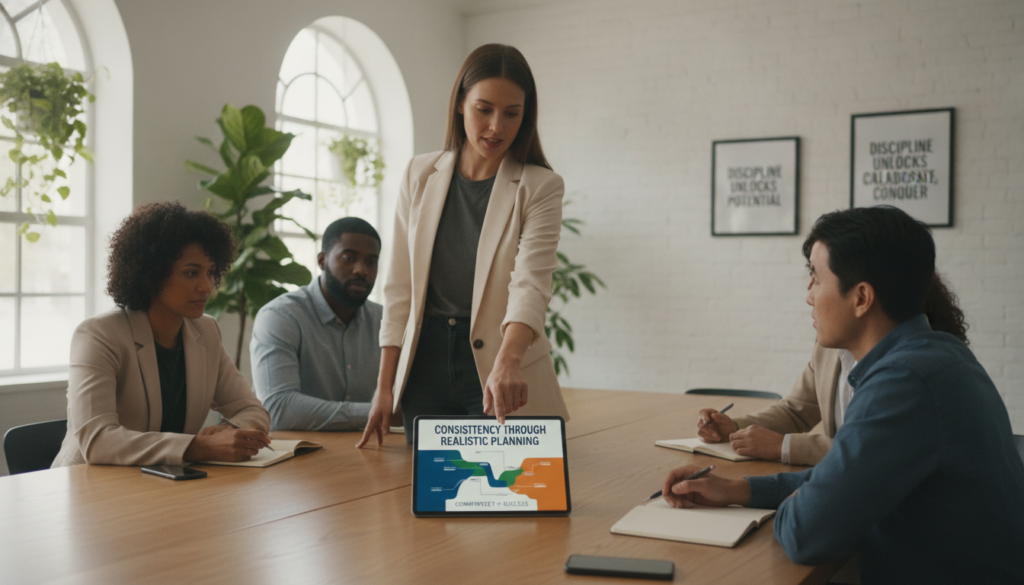 A focused, serene workspace depicting a diverse group of individuals gathered around a large wooden table, reviewing a flexible, color-coded plan displayed on a digital tablet. In the foreground, a confident woman in smart casual attire points at key points of the plan, emphasizing the importance of commitment. In the middle background, a diverse team, including a Black man and a Hispanic woman, attentively listens and takes notes, representing collaboration and adaptability. Soft, natural light spills through large windows, creating a warm and inviting atmosphere. The room is furnished with plants and motivational quotes on the wall, enhancing the mood of positivity and discipline. The lens captures a slightly elevated angle, providing a comprehensive view of the dynamic and cooperative environment focused on achieving consistency through realistic planning. A focused, serene workspace depicting a diverse group of individuals gathered around a large wooden table, reviewing a flexible, color-coded plan displayed on a digital tablet. In the foreground, a confident woman in smart casual attire points at key points of the plan, emphasizing the importance of commitment. In the middle background, a diverse team, including a Black man and a Hispanic woman, attentively listens and takes notes, representing collaboration and adaptability. Soft, natural light spills through large windows, creating a warm and inviting atmosphere. The room is furnished with plants and motivational quotes on the wall, enhancing the mood of positivity and discipline. The lens captures a slightly elevated angle, providing a comprehensive view of the dynamic and cooperative environment focused on achieving consistency through realistic planning.