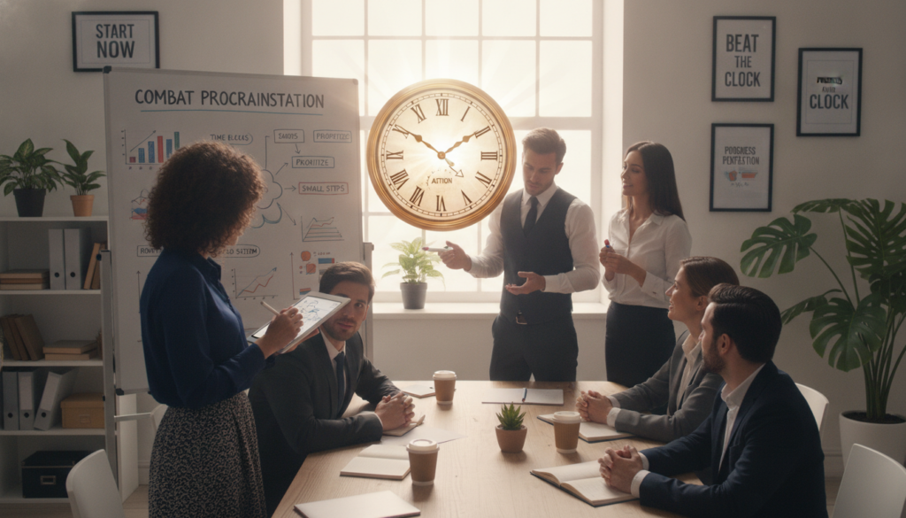 A focused workspace featuring a diverse group of professionals in business attire brainstorming strategies to combat procrastination. In the foreground, a woman takes notes on a tablet, while a man points to a whiteboard filled with colorful graphs and bullet points. In the middle, a large clock emphasizes the importance of time management, symbolizing urgency and productivity. The background features a bright window with daylight streaming in, creating an uplifting and energetic atmosphere. The room is organized, with motivational posters on the walls and plants adding a touch of nature. Soft lighting enhances the motivational mood, highlighting collaboration and action. The angle is slightly above eye-level, providing a comprehensive view of the engagement and discussions taking place.