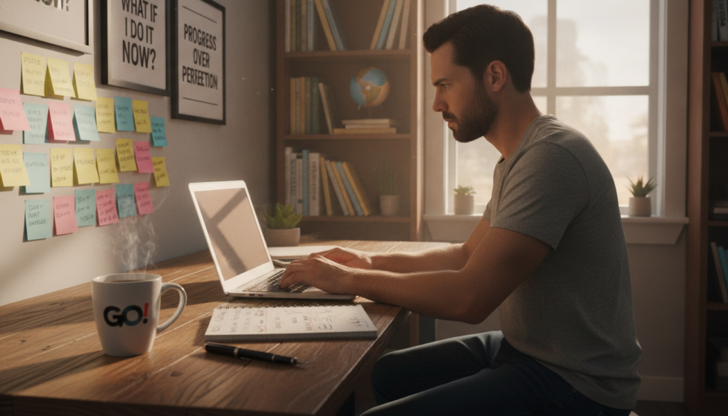 A focused workspace featuring a person sitting at a desk, typing on a laptop, surrounded by motivational posters and inspirational quotes. In the foreground, a cup of coffee steams softly, and a notepad filled with brainstorming ideas is visible. The individual, dressed in smart casual attire, looks thoughtfully toward a wall covered with sticky notes, each representing tasks to complete. Soft morning light filters through a nearby window, casting a warm glow over the scene, creating an atmosphere of productivity and determination. The background features bookshelves lined with self-help books, adding depth and context to the idea of overcoming procrastination and taking immediate action. The overall mood is encouraging and focused, capturing the essence of the "What if I do it now?" rule.