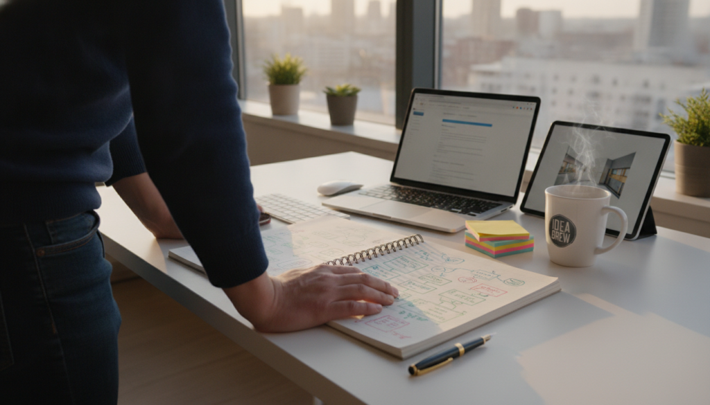 A focused workspace featuring a professional setting, where an individual in smart casual clothing is seated at a desk. In the foreground, the person is intently working on a project, with a half-finished notebook open, revealing organized notes and diagrams. The middle ground showcases a vibrant, clutter-free desk with a laptop, colorful sticky notes, and a cup of coffee, emphasizing productivity. In the background, a bright office window casts natural light onto the scene, creating a warm and inviting atmosphere. The lens captures the subject from a slightly elevated angle, conveying a sense of determination and focus, with soft shadows enhancing the mood of concentration and engagement.