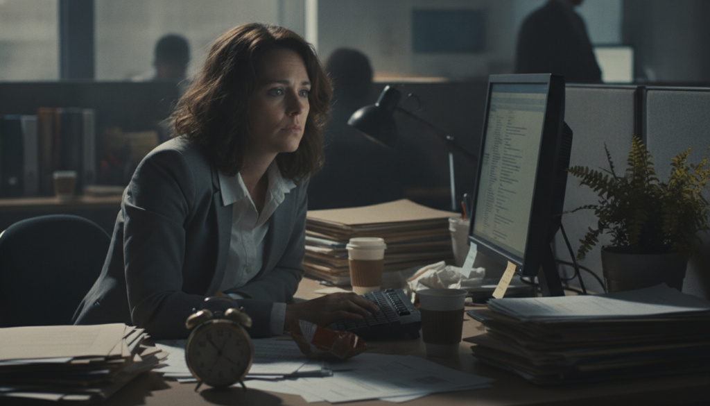 A frazzled office worker sitting at a cluttered desk strewn with unfiled papers and half-empty coffee cups, reflecting the overwhelming stress of burnout. The worker, dressed in professional business attire, has a distant stare, staring blankly at a computer screen filled with unread emails. In the foreground, a small clock ticks ominously, hinting at the passing time. The middle ground features a plant wilting slightly, symbolizing neglect. The background displays other cubicles blurred out, evoking a sense of isolation in a bustling workplace. Soft, dim lighting creates an atmosphere of fatigue and frustration, with shadows casting across the desk to enhance the mood of disarray and loss of focus.