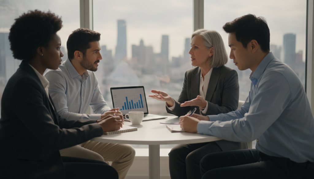 A modern office setting depicting a diverse group of four professionals engaged in a constructive conflict resolution discussion. In the foreground, a Black woman in a business suit and a Hispanic man in smart casual attire are actively listening to a middle-aged Caucasian woman, who is confidently presenting her ideas. A young Asian man takes notes, leaning forward with interest. The middle ground features a round table adorned with a notepad, a laptop, and a coffee cup, emphasizing collaboration. The background shows a window with a city skyline, allowing natural light to flood the room, creating an optimistic atmosphere. The overall mood is positive and dynamic, highlighting teamwork and the transformation of conflicts into opportunities. The image is well-lit, focused with a slight depth-of-field effect. A modern office setting depicting a diverse group of four professionals engaged in a constructive conflict resolution discussion. In the foreground, a Black woman in a business suit and a Hispanic man in smart casual attire are actively listening to a middle-aged Caucasian woman, who is confidently presenting her ideas. A young Asian man takes notes, leaning forward with interest. The middle ground features a round table adorned with a notepad, a laptop, and a coffee cup, emphasizing collaboration. The background shows a window with a city skyline, allowing natural light to flood the room, creating an optimistic atmosphere. The overall mood is positive and dynamic, highlighting teamwork and the transformation of conflicts into opportunities. The image is well-lit, focused with a slight depth-of-field effect.