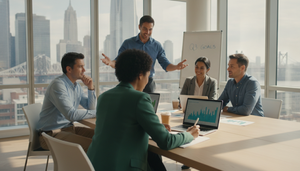 A modern office setting with a diverse group of four professionals collaborating around a large table. In the foreground, a focused woman takes notes, while a man gestures animatedly, sharing ideas. The middle features laptops open with charts and graphs visible, symbolizing productivity and teamwork. In the background, a large window lets in natural light, creating an inspiring atmosphere with city views. The color palette is bright and motivational, with greens and blues dominating, representing growth and clarity. The mood is dynamic and engaged, emphasizing accountability and collaboration. The individuals are dressed in professional business attire, showcasing a commitment to their work and each other.