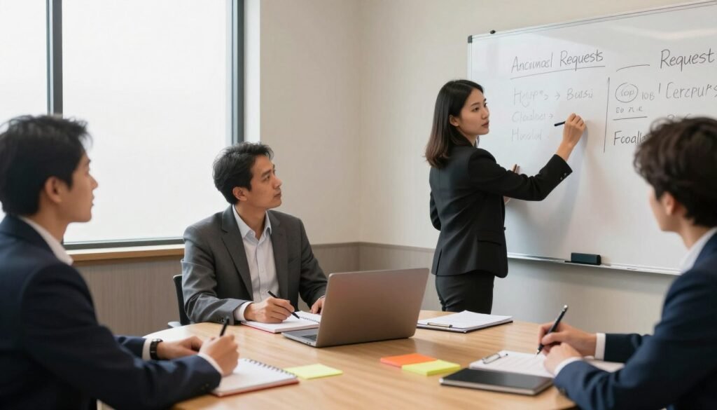 A professional meeting scene set in a warm, softly lit conference room. In the foreground, a diverse group of three individuals, dressed in smart business attire, are actively engaged in a discussion, their expressions focused and collaborative. One person, a woman of Asian descent, is writing clear and attainable requests on a whiteboard. In the middle, a round table is filled with colorful notepads, pens, and a laptop, symbolizing organized communication. In the background, large windows let in natural light, illuminating the room with a calm and inviting atmosphere. The overall mood is constructive and empowering, encouraging open dialogue and clarity in communication. The image should convey the essence of formulating clear and achievable requests in a professional setting.