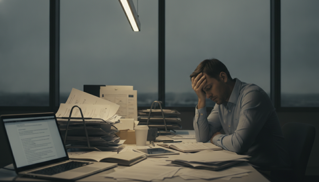 A professional office environment depicting the theme of burnout, with a businessperson sitting at a cluttered desk, visibly stressed and fatigued. In the foreground, the individual, wearing smart casual attire, has disheveled papers and an overflowing inbox, head resting on one hand, conveying a sense of exhaustion. In the middle ground, a flickering fluorescent light adds to the tension, casting shadows that emphasize the chaotic surroundings. The background features a window showing a gray, overcast sky, symbolizing a lack of motivation and hope. The overall mood is somber and heavy, with muted colors to evoke feelings of stress and pressure. The scene captures the essence of professional exhaustion without any distractions or text.