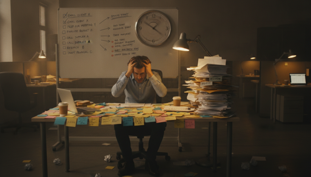 A professional workspace cluttered with sticky notes and a to-do list overflowing with tasks, illustrating the chaos of task accumulation. In the foreground, a person in smart casual attire looks overwhelmed, with hands on their head, symbolizing the stress of decision-making paralysis. In the middle ground, a large wall clock with its hands spinning rapidly represents the feeling of time slipping away. The background features a dim office with warm lighting, casting soft shadows, enhancing the mood of tension and urgency. A desk lamp illuminates a redundant pile of documents, hinting at the neglect of review processes. The overall atmosphere conveys the challenges of time management and productivity, while the focus remains on the individual struggling with these common pitfalls. A professional workspace cluttered with sticky notes and a to-do list overflowing with tasks, illustrating the chaos of task accumulation. In the foreground, a person in smart casual attire looks overwhelmed, with hands on their head, symbolizing the stress of decision-making paralysis. In the middle ground, a large wall clock with its hands spinning rapidly represents the feeling of time slipping away. The background features a dim office with warm lighting, casting soft shadows, enhancing the mood of tension and urgency. A desk lamp illuminates a redundant pile of documents, hinting at the neglect of review processes. The overall atmosphere conveys the challenges of time management and productivity, while the focus remains on the individual struggling with these common pitfalls.