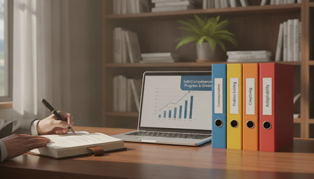 A professional workspace featuring a neatly organized desk with documents and a laptop displaying graphs and notes about self-competence. In the foreground, a hand is shown writing in a journal, emphasizing the act of documenting skills and achievements. In the middle, a stack of colorful folders labeled with various competencies, such as "Communication," "Leadership," and "Problem Solving," adds depth. The background includes a soft-focus bookshelf filled with self-help books and a plant for a touch of greenery. Natural light filters in through a window, creating a warm and inviting atmosphere, enhancing a sense of productivity and personal growth. The overall mood is one of reflection, empowerment, and dedication to self-improvement. A professional workspace featuring a neatly organized desk with documents and a laptop displaying graphs and notes about self-competence. In the foreground, a hand is shown writing in a journal, emphasizing the act of documenting skills and achievements. In the middle, a stack of colorful folders labeled with various competencies, such as "Communication," "Leadership," and "Problem Solving," adds depth. The background includes a soft-focus bookshelf filled with self-help books and a plant for a touch of greenery. Natural light filters in through a window, creating a warm and inviting atmosphere, enhancing a sense of productivity and personal growth. The overall mood is one of reflection, empowerment, and dedication to self-improvement.