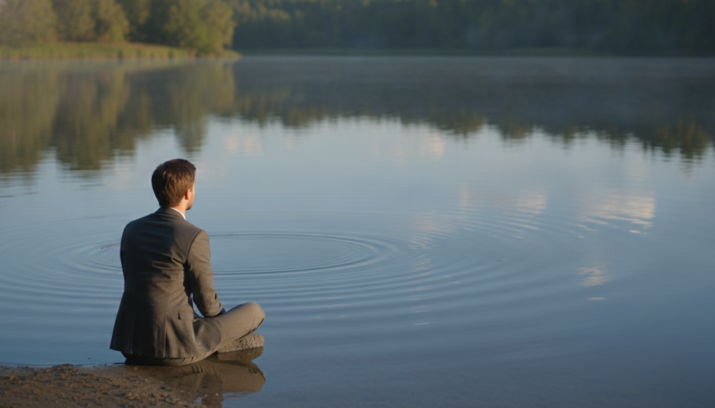 A serene and contemplative scene depicting the concept of "cognitive defusion." In the foreground, a thoughtful individual in professional attire sits cross-legged on a tranquil lakeshore, gazing at the water's surface, reflecting a clear blue sky. Wispy clouds float above, symbolizing transient thoughts. In the middle ground, gentle ripples in the lake create an ethereal effect, representing the movement of thoughts without attachment. The background features soft-focus, lush greenery framing the scene, suggesting peace and tranquility. The lighting is warm and golden, reminiscent of late afternoon, casting gentle shadows that enhance the mood of introspection and mindfulness. The atmosphere is calm and serene, inviting a sense of self-reflection and emotional clarity.