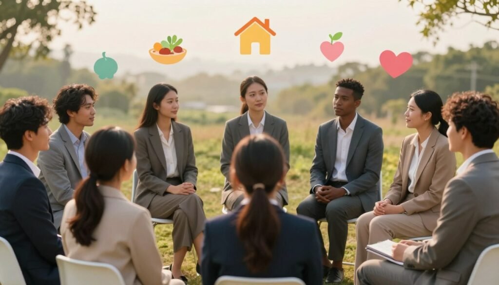 A serene and harmonious scene depicting a diverse group of people from various cultural backgrounds sitting together in a circle, engaging in meaningful conversation. In the foreground, individuals wear professional business attire, showcasing empathy and open expressions. The middle ground includes symbolic representations of human needs, such as food, shelter, and love illustrated as gentle, colorful icons floating above them. The background features a tranquil outdoor setting with soft lighting, evoking a warm, inviting atmosphere during golden hour. The image should capture a mood of connection and unity, emphasizing the importance of understanding universal human needs to resolve conflicts peacefully. The composition is shot at eye level with a slight depth of field, ensuring the figures are the focus of attention against a softly blurred backdrop.
