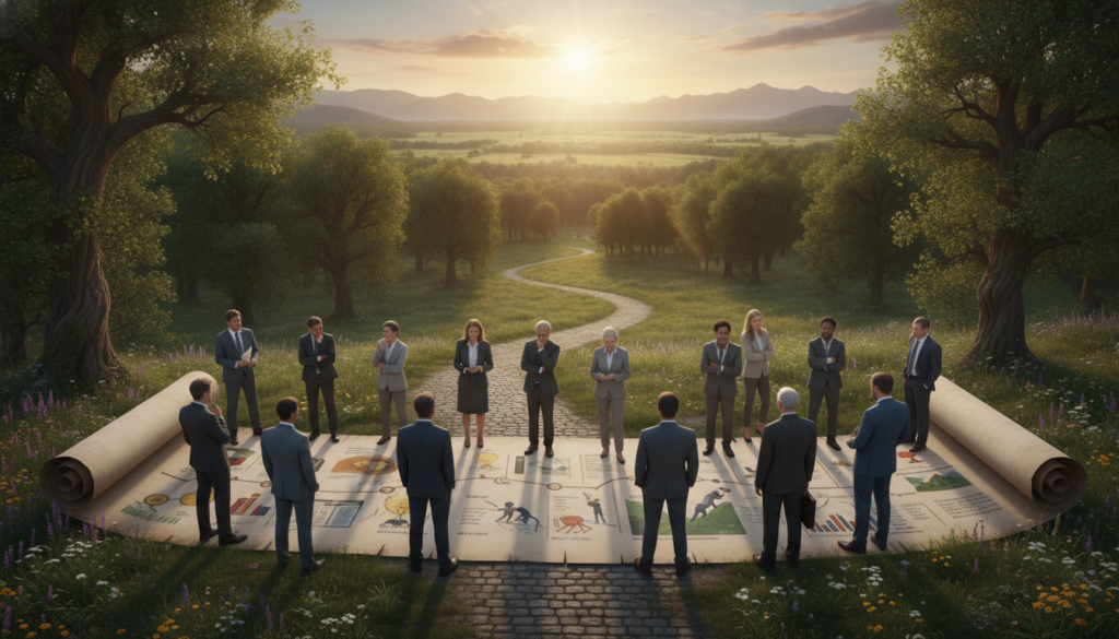 A serene and inspiring landscape that symbolizes personal transformation and self-acceptance. In the foreground, a diverse group of individuals dressed in professional attire stands together, looking thoughtfully at a large, unfolding scroll of their life stories, which depicts various moments of triumph and challenge. The middle ground features a winding path that leads through a lush forest, representing the journey of reinterpreting one’s history. In the background, a gentle sunrise bathes the scene in warm golden light, symbolizing hope and new beginnings. The mood is reflective and empowering, with soft lighting enhancing the emotional depth of the moment. Capture this scene from a slightly elevated angle to convey a sense of openness and possibility, inviting viewers to envision their own journeys.