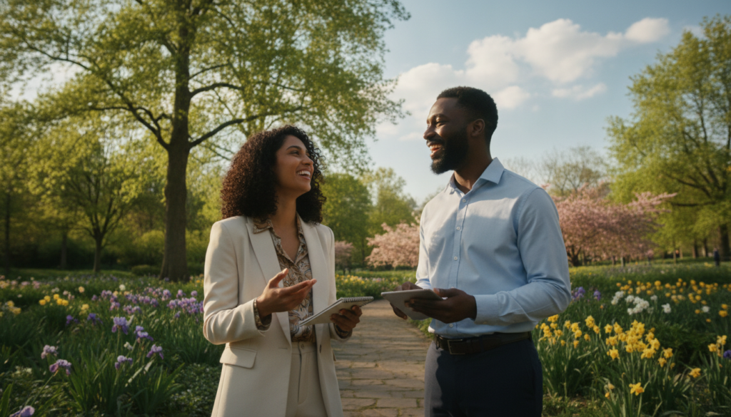 A serene and inspiring scene showing two individuals in a lush park setting, reflecting the theme of healthy comparison and inspiration without envy. In the foreground, a diverse woman and man, dressed in professional casual attire, engage in a friendly conversation, both smiling and exchanging ideas. The middle ground features vibrant trees and blooming flowers, creating an uplifting atmosphere. In the background, a bright blue sky with soft clouds enhances the overall mood of positivity and motivation. The lighting is warm and natural, suggesting a late afternoon glow, capturing the essence of empowerment and self-acceptance. The focus is on the expressions of joy and camaraderie, illustrating the transformative power of inspiration over comparison.