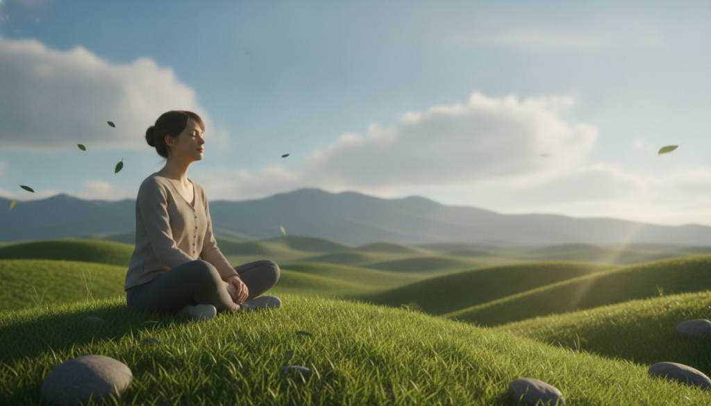 A serene and introspective scene depicting self-discovery and emotional awareness. In the foreground, a person sitting cross-legged on a soft grassy hilltop, dressed in modest casual attire, reflecting thoughtfully with closed eyes. Surround them with a gentle breeze, rustling leaves, and a few scattered calm stones symbolizing grounding. The middle ground features a peaceful landscape with rolling hills and a clear blue sky, dotted with fluffy white clouds. In the background, a distant mountain range looms, adding depth to the scene. Soft, warm sunlight bathes the entire scene, creating an inviting and contemplative atmosphere. The overall mood should convey tranquility, introspection, and the journey of recognizing emotional triggers. A serene and introspective scene depicting self-discovery and emotional awareness. In the foreground, a person sitting cross-legged on a soft grassy hilltop, dressed in modest casual attire, reflecting thoughtfully with closed eyes. Surround them with a gentle breeze, rustling leaves, and a few scattered calm stones symbolizing grounding. The middle ground features a peaceful landscape with rolling hills and a clear blue sky, dotted with fluffy white clouds. In the background, a distant mountain range looms, adding depth to the scene. Soft, warm sunlight bathes the entire scene, creating an inviting and contemplative atmosphere. The overall mood should convey tranquility, introspection, and the journey of recognizing emotional triggers.