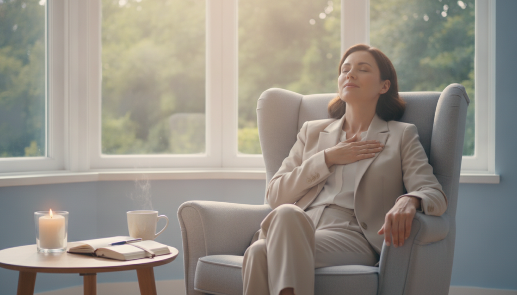 A serene and inviting scene depicting emotional clarity, set in a cozy, well-lit room with soft natural light streaming through large windows. In the foreground, a person in professional attire sits comfortably in a modern armchair, eyes closed, breathing deeply, exuding a sense of calm and self-compassion. Their body language is relaxed, illustrating a moment of introspection. In the middle, a small wooden table holds a lit candle, a journal, and a steaming cup of herbal tea, symbolizing mindfulness and introspection. In the background, gentle greenery can be seen through the windows, creating a tranquil connection with nature. The color palette is soft pastels, fostering a peaceful atmosphere, while the lighting casts a warm glow, enhancing the mood of self-care and emotional growth.