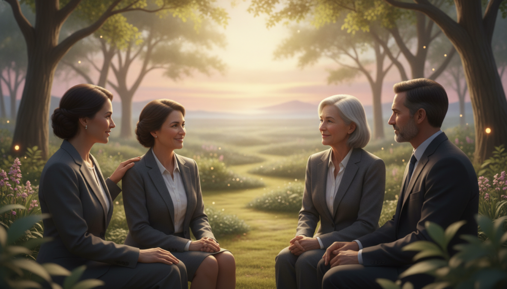 A serene and inviting scene depicting the concept of self-compassion and mental health. In the foreground, a diverse group of individuals in professional business attire engage in a gentle discussion, showcasing expressions of understanding and support. The middle ground features a tranquil setting with lush greenery and soft, glowing light filtering through the trees, creating a warm and welcoming atmosphere. In the background, a calming horizon with soft pastel colors suggests hope and renewal. Lens focus should be soft, with a slight blur on the background to emphasize the warmth of the interactions in the foreground. The overall mood is peaceful, empathetic, and encouraging, highlighting the importance of practicing self-compassion as a daily habit. A serene and inviting scene depicting the concept of self-compassion and mental health. In the foreground, a diverse group of individuals in professional business attire engage in a gentle discussion, showcasing expressions of understanding and support. The middle ground features a tranquil setting with lush greenery and soft, glowing light filtering through the trees, creating a warm and welcoming atmosphere. In the background, a calming horizon with soft pastel colors suggests hope and renewal. Lens focus should be soft, with a slight blur on the background to emphasize the warmth of the interactions in the foreground. The overall mood is peaceful, empathetic, and encouraging, highlighting the importance of practicing self-compassion as a daily habit.