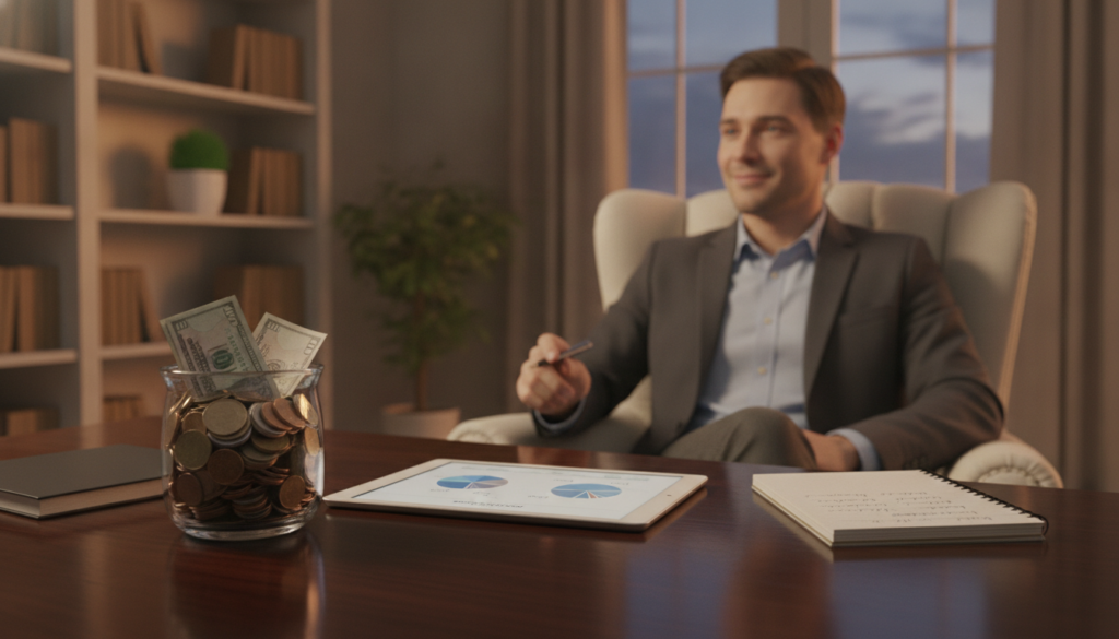 A serene and inviting scene illustrating the concept of an emergency fund and emotional security amidst unforeseen events. In the foreground, a beautifully organized workspace with a clear glass jar filled with coins and banknotes, symbolizing savings, sits on a polished wooden desk. In the middle, a calm individual in professional attire sits comfortably in a cozy chair, with a slight smile, engaged in thoughtful contemplation while reviewing financial documents. The background features a soft, warm-lit home office with bookshelves and plants, conveying a sense of stability and tranquility. The atmosphere is uplifting and reassuring, highlighting the connection between financial preparedness and mental well-being. The lighting is soft and warm, captured from a slightly elevated angle for a cozy, personal touch.