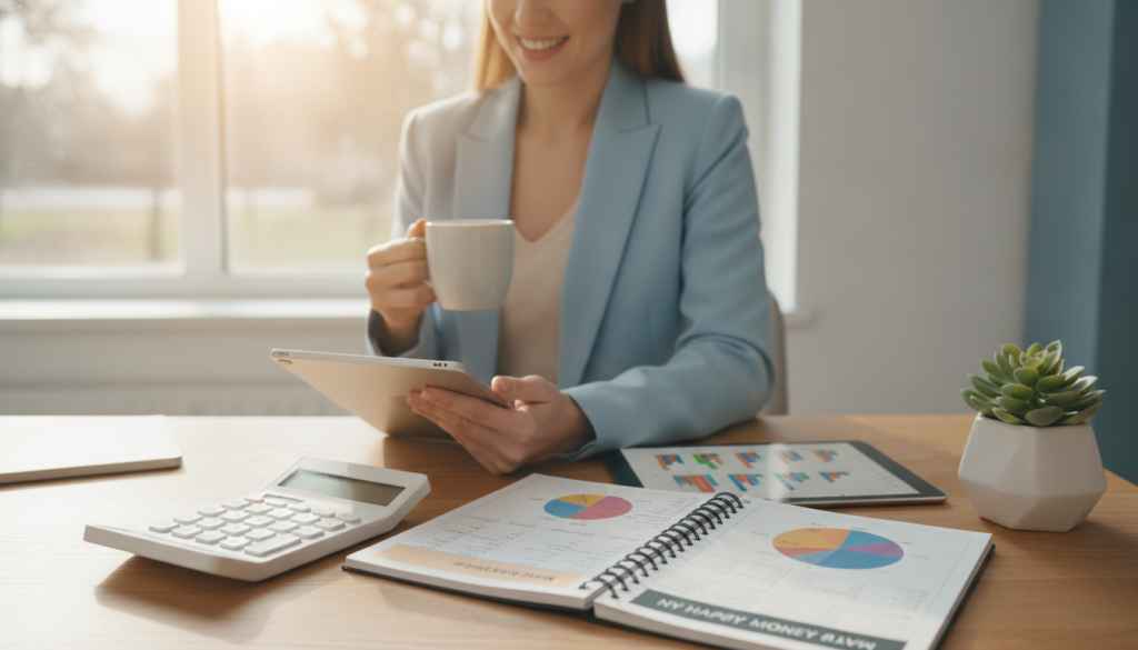 A serene and organized workspace that embodies the concept of "guilt-free spending control." In the foreground, a neatly arranged desk with a stylish calculator, a notebook with financial notes, and a colorful plant. The middle includes a cheerful individual in professional attire, thoughtfully reviewing their finances while sipping a cup of coffee, radiating confidence and calm. In the background, a window reveals a sunny day outside, suggesting a bright and optimistic environment. The lighting is warm and inviting, highlighting the items on the desk and creating a sense of positivity. The overall atmosphere conveys balance, clarity, and a healthy approach to financial management, emphasizing the theme of enjoying life without extreme deprivation.