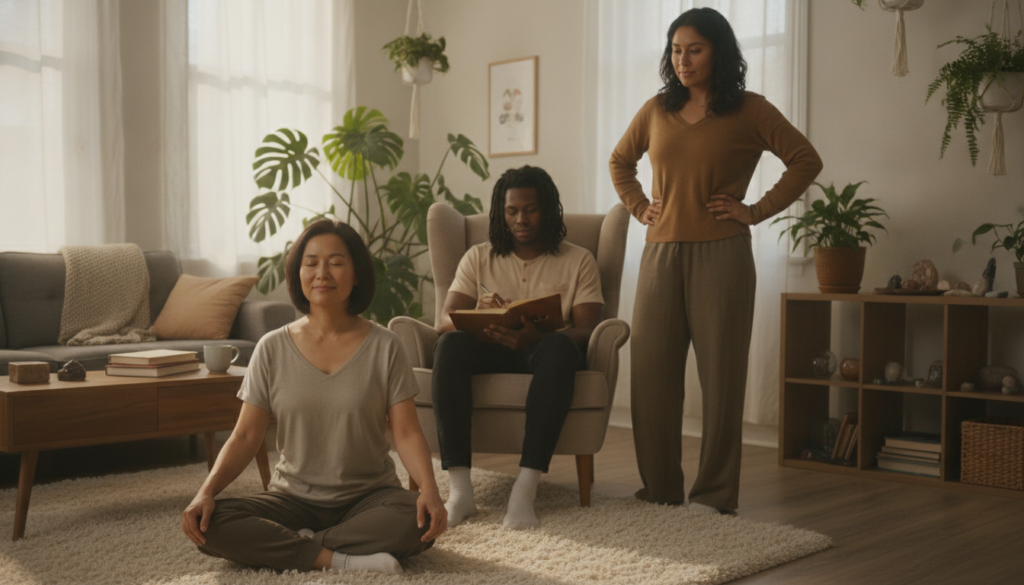 A serene indoor environment showcasing a diverse group of three individuals engaged in a reflective practice. In the foreground, a middle-aged Asian woman is sitting cross-legged on a soft rug, eyes closed, with a gentle smile, embodying a sense of peace and self-forgiveness. In the middle ground, a young Black man is writing in a journal, his brow relaxed, while a Latina woman stands, hands on her hips, observing with encouragement. The background features a cozy, sunlit room filled with plants and comfortable furniture, fostering an atmosphere of tranquility and personal growth. The soft, warm lighting enhances the mood of introspection and serenity, shot from a slightly elevated angle to capture the group’s dynamic.