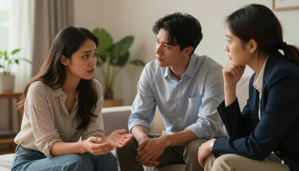 A serene, indoor setting depicting a diverse group of three people engaged in a heartfelt conversation. In the foreground, a woman in a modest casual outfit expresses her feelings with open body language, her eyes showing vulnerability. The middle ground features a man in a professional shirt, leaning forward, listening intently, conveying empathy. A third person, wearing business wear, nods thoughtfully beside them. Soft, warm lighting envelops the scene, creating a comforting atmosphere. The background consists of a cozy room with plants and soft-colored walls, enhancing the emotional depth of the interaction. The image captures the essence of emotional vulnerability in communication, with a focus on authentic connection and understanding.