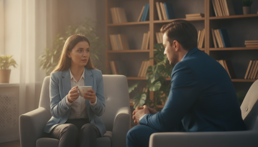 A serene indoor setting where two individuals, dressed in professional business attire, are engaged in a heartfelt conversation. In the foreground, the first person, a woman with an expression of openness and vulnerability, sits on a comfortable armchair, holding a warm cup of tea. In the middle, the second person, a man, leans slightly forward, showing empathy and attentiveness as he listens. The background features soft, warm lighting that creates a cozy atmosphere, with bookshelves and plants that suggest a safe, inviting space for emotional sharing. The color palette is soft and muted, reflecting the mood of trust and connection, with sunlight gently filtering through a window, casting a warm glow over the scene. A serene indoor setting where two individuals, dressed in professional business attire, are engaged in a heartfelt conversation. In the foreground, the first person, a woman with an expression of openness and vulnerability, sits on a comfortable armchair, holding a warm cup of tea. In the middle, the second person, a man, leans slightly forward, showing empathy and attentiveness as he listens. The background features soft, warm lighting that creates a cozy atmosphere, with bookshelves and plants that suggest a safe, inviting space for emotional sharing. The color palette is soft and muted, reflecting the mood of trust and connection, with sunlight gently filtering through a window, casting a warm glow over the scene.