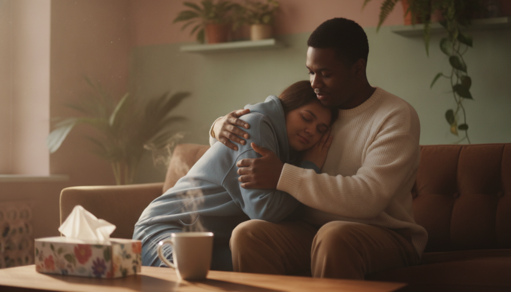 A serene, intimate scene depicting emotional support in a cozy, softly lit room. In the foreground, a warm, empathetic figure dressed in modest casual clothing gently embraces a person sitting on a plush sofa, their expressions reflecting comfort and understanding. The middle ground features a small coffee table with a steaming cup of tea and a box of tissues, symbolizing a safe space for sharing feelings. The background is filled with soothing pastel colors, potted plants, and soft, diffused natural light pouring in through a window, creating a peaceful atmosphere. The overall mood conveys warmth, compassion, and the importance of being present with difficult emotions. Use a soft focus lens to enhance the intimate feel of the scene.