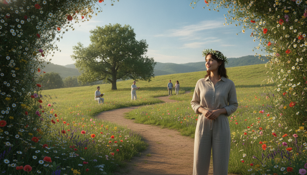 A serene landscape depicting a person standing on a tranquil path in a lush green park, celebrating small accomplishments. The foreground features a casually dressed individual, smiling softly and looking content, surrounded by blooming flowers. In the middle ground, other individuals walk at their own pace, each engaged in separate activities, symbolizing respect for personal journeys. The background showcases a gentle hillside under a clear blue sky, emphasizing a sense of freedom and peace. Soft, warm sunlight bathes the scene, casting gentle shadows and creating a calming atmosphere. The overall mood is one of tranquility, reflection, and self-acceptance, inviting viewers to appreciate their own unique paths in life.