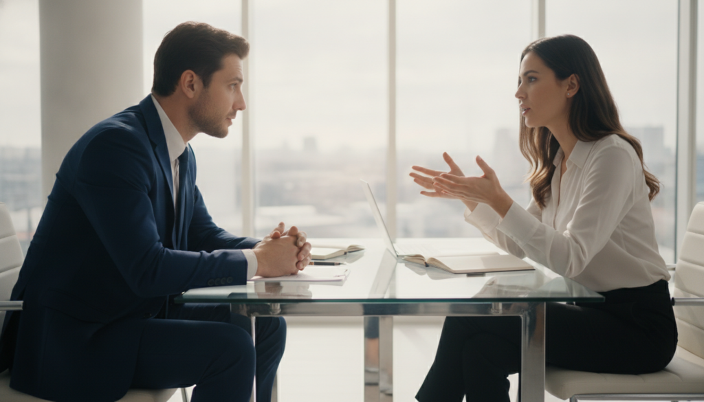 A serene, modern office environment where two professionals, a man and a woman, are engaged in active listening. In the foreground, the man, dressed in a tailored blue suit, leans slightly forward, showing interest, with an open, focused expression. The woman, in a smart white blouse and black trousers, is speaking, her hands animatedly expressing her thoughts. The middle ground reveals a stylish glass desk cluttered with notebooks and a laptop, indicating a collaborative atmosphere. The background features a large window with natural light streaming in, casting a gentle glow over the room, enhancing the feeling of openness and warmth. The overall mood is supportive and engaged, highlighting the essence of active listening. A serene, modern office environment where two professionals, a man and a woman, are engaged in active listening. In the foreground, the man, dressed in a tailored blue suit, leans slightly forward, showing interest, with an open, focused expression. The woman, in a smart white blouse and black trousers, is speaking, her hands animatedly expressing her thoughts. The middle ground reveals a stylish glass desk cluttered with notebooks and a laptop, indicating a collaborative atmosphere. The background features a large window with natural light streaming in, casting a gentle glow over the room, enhancing the feeling of openness and warmth. The overall mood is supportive and engaged, highlighting the essence of active listening.