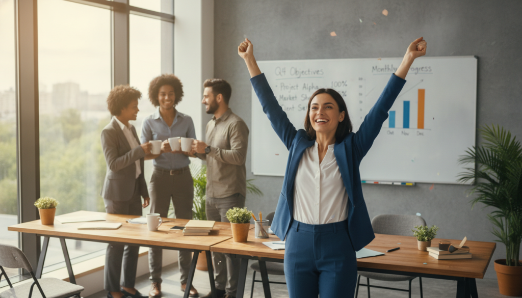 A serene office environment featuring a diverse group of professionals, each celebrating the achievement of realistic goals. In the foreground, a woman in professional business attire stands triumphantly with her arms raised, a bright smile on her face. In the middle ground, two colleagues toast with coffee mugs, exuding camaraderie and support. A whiteboard in the background displays neatly written goals and progress charts, emphasizing the theme of goal-setting. The room is bathed in warm, natural light coming from large windows, creating an inviting atmosphere. The camera angle is slightly angled upward to capture both the joy in their expressions and the encouraging vibe of the space, conveying a sense of accomplishment and positivity. A serene office environment featuring a diverse group of professionals, each celebrating the achievement of realistic goals. In the foreground, a woman in professional business attire stands triumphantly with her arms raised, a bright smile on her face. In the middle ground, two colleagues toast with coffee mugs, exuding camaraderie and support. A whiteboard in the background displays neatly written goals and progress charts, emphasizing the theme of goal-setting. The room is bathed in warm, natural light coming from large windows, creating an inviting atmosphere. The camera angle is slightly angled upward to capture both the joy in their expressions and the encouraging vibe of the space, conveying a sense of accomplishment and positivity.