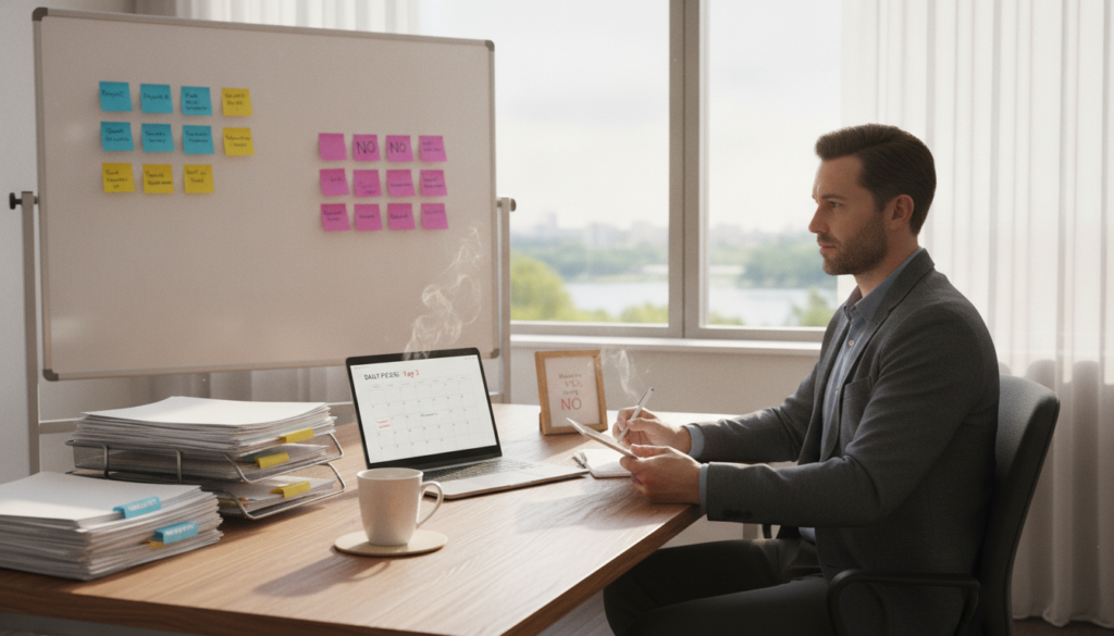 A serene office environment highlighting the theme of task prioritization. In the foreground, a well-organized desk with neatly arranged papers, a laptop, and a steaming cup of coffee. A professional individual in smart casual clothing, sitting at the desk, thoughtfully reviewing a prioritized task list. In the middle ground, a whiteboard filled with colorful sticky notes, indicating different tasks and deadlines. The background features a softly lit window, allowing natural sunlight to stream in, illuminating the space with a warm glow. The atmosphere is calm and focused, conveying productivity and mental clarity, with a sense of empowerment in mastering the art of saying no to distractions.